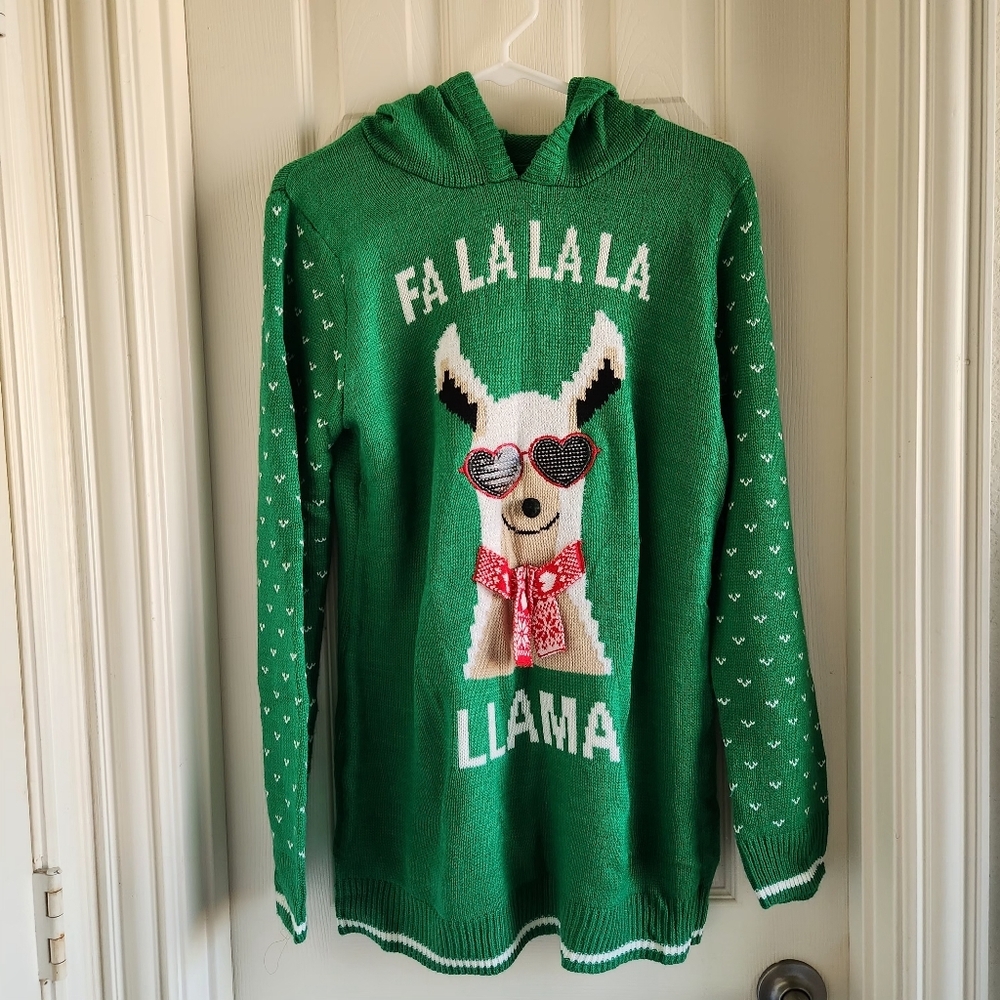 Fa La‎ La La Llama Green Ugly Christmas Sweater Hoodie Hooded Size Large